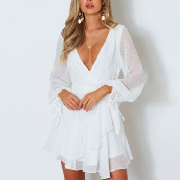 Saints + Secrets Dresses & Skirts - SAINTS + SECRETS Swiss Dot Ruffle Faux Wrap Mini Dress White S